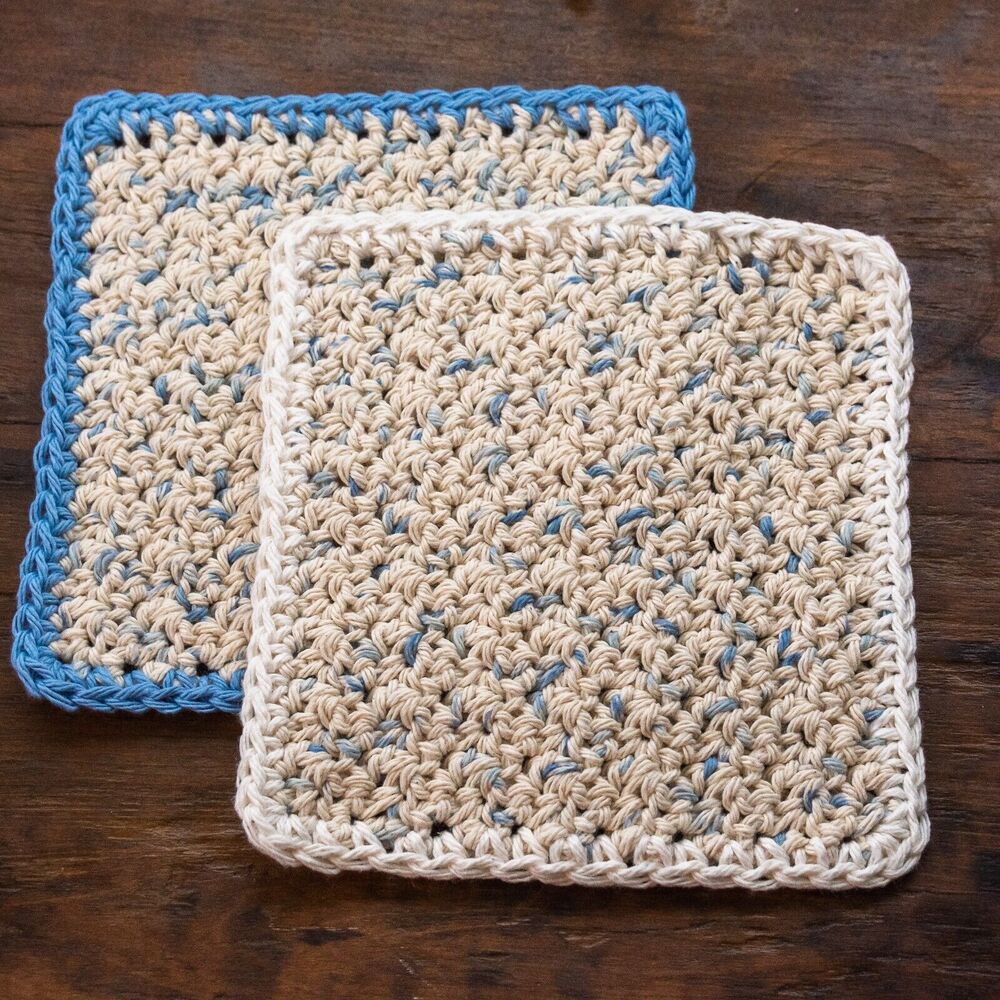 2pc 6x6 Crochet Baby Washcloths Lily Sugar'n Cream Cotton Bath Blue Speckle